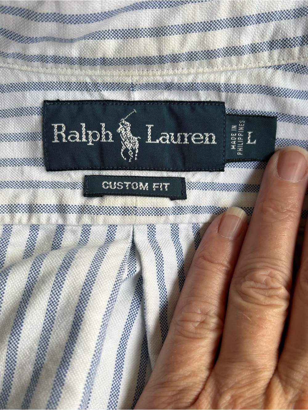 Reworked Ralph Lauren Blue Stripe Ruffle Collar Button-Up Top - Picture 12 of 15